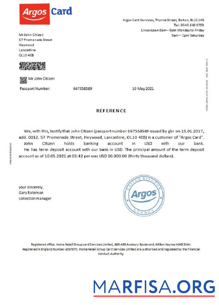 Realistic United Kingdom Argos Card reference real example